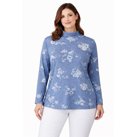 croft & barrow Tops - Croft & Barrow Women Size XL Blue Floral‎ Mock Neck Long Sleeve Cotton Pullover